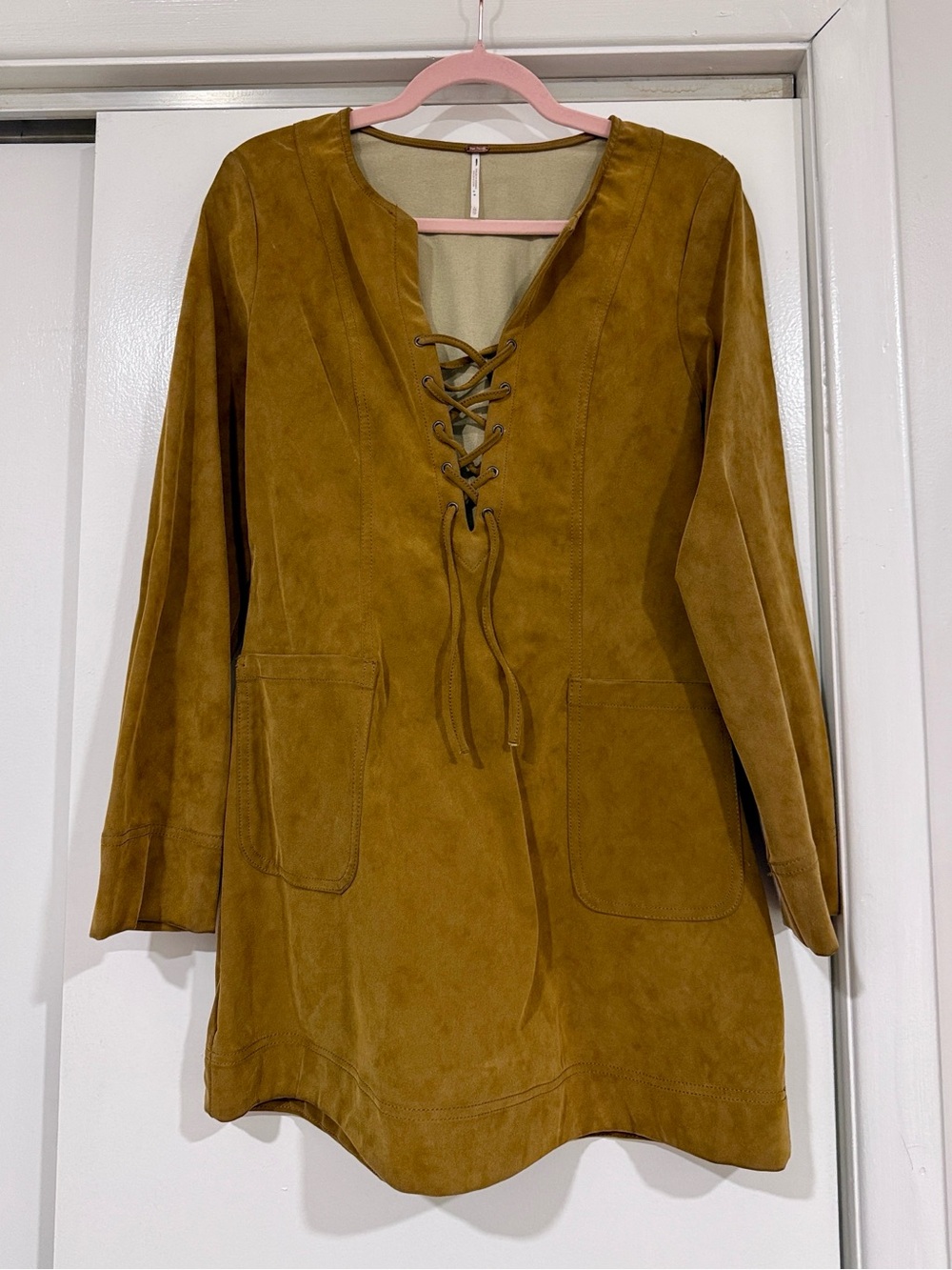 Free People Lace-Up Suede Tunic Dress in Mustard